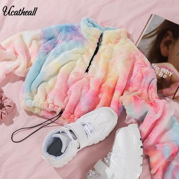 

Jelly Color Long Sleeve Cropped Sweatshirt Women Autumn Winter Faux Fur TeddySweatshirt Zipper Hem Drawstring Sweatshirt