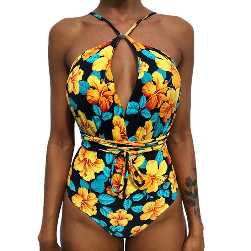 

One Piece Swimsuit Women Swimwear Push Up Monokini Tie Up Swim Suit Bodysuit Bathing Suit Summer Beach Wear Yellow L