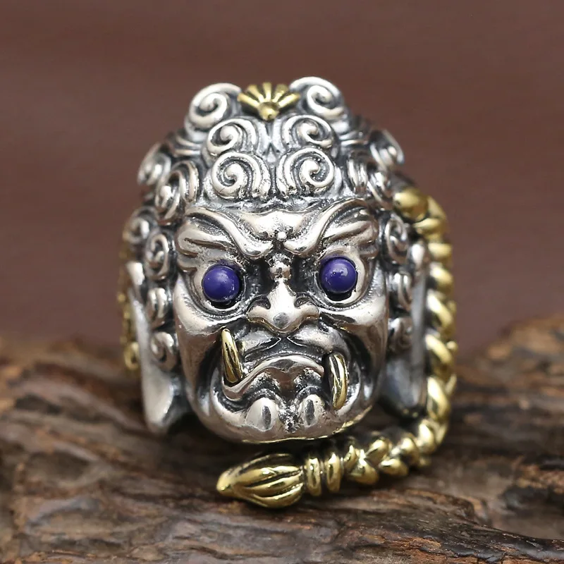 

Sterling Silver S925 Retro Thai Silver Ming Wang Ring Male Open Ring