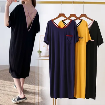 

Large Size Sexy Backless Modal Nightgown Plus-sized Womenswear Size 2020 Summer Plus-sized Loose Short Sleeve Thin Pajamas