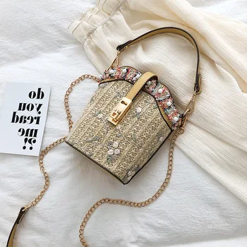 

New Style Mini Beach Straw Bags Hot Selling Shells Lace Embroidery WOMEN'S Shoulder Bag