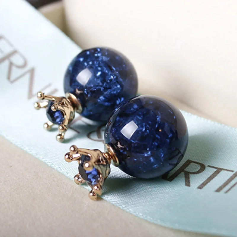 

New Crown Crystal Earrings Vintage Rhinestone Marbled Blue Glass Ball Ear Jacket Earrings for Girl Women Jewelry Brincos