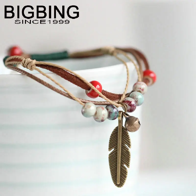 

C043 BIGBING Jewelry Fashion ceramic beads feather charm Bracelet Hand knitting bracelet high quality Free shipping