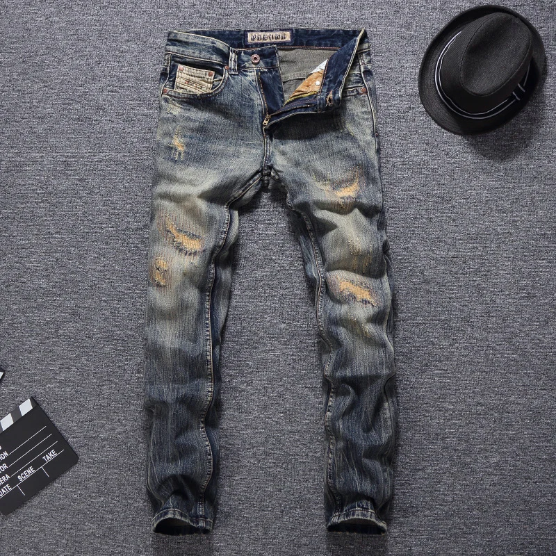 

Italian Vintage Fashion Men Jeans Slim Fit Patchwork Destroyed Ripped Jeans Men Designer Pants Streetwear Hip Hop Jeans Homme