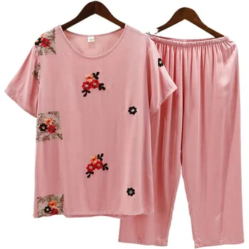 

Spring And Summer New Women Short-sleeved Capri Pants Pajamas Cotton Silk Set Embroidered Pyjamass