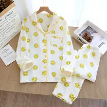 Women's spring autumn cotton crepe pajamas thin spring loose cartoon smiling face Lapel long sleeve home suit
