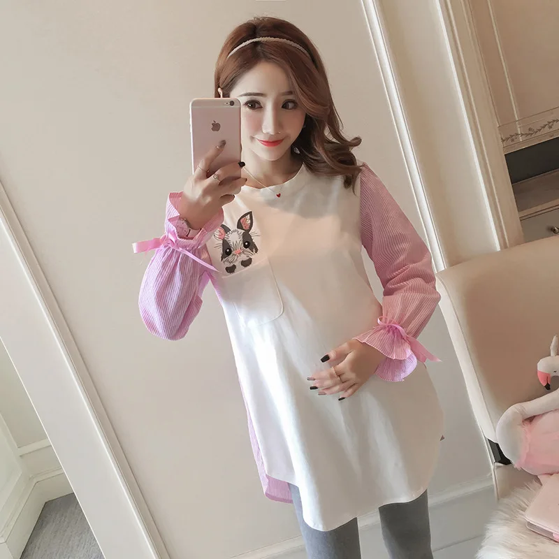 

Pregnant WOMEN'S T-shirt Two-Piece Set 2019 Spring And Autumn New Style Tops Pregnancy Mid-length Joint Pregnant Women Base Shir