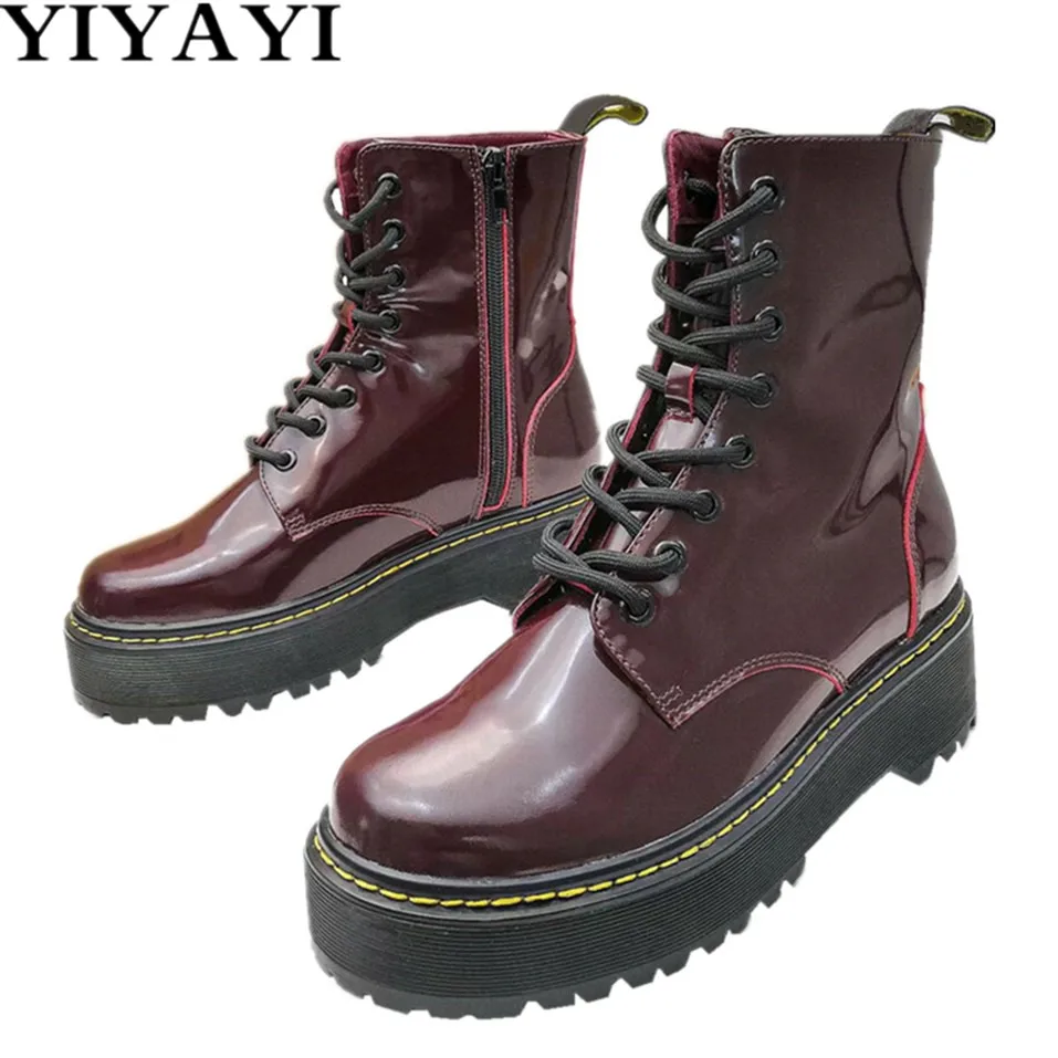 

Fashion Martin Boots Lace Up Platform Shoes Women Thick Bottom Snow Boots Women Genuine Cow Leather Ladies Boots Wine Red Botas