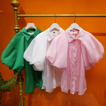 

Chiffon Puff Sleeve Shirts Women Loose Slightly Fat Slim 2020 Base Summer Top