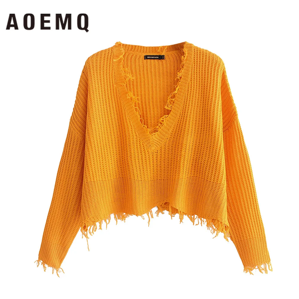 

AOEMQ Fashion Sweaters Short Cloak Shawl Warm Light Orange Sweaters V-neck Hole Drawing Sweaters Women Tops Clothing