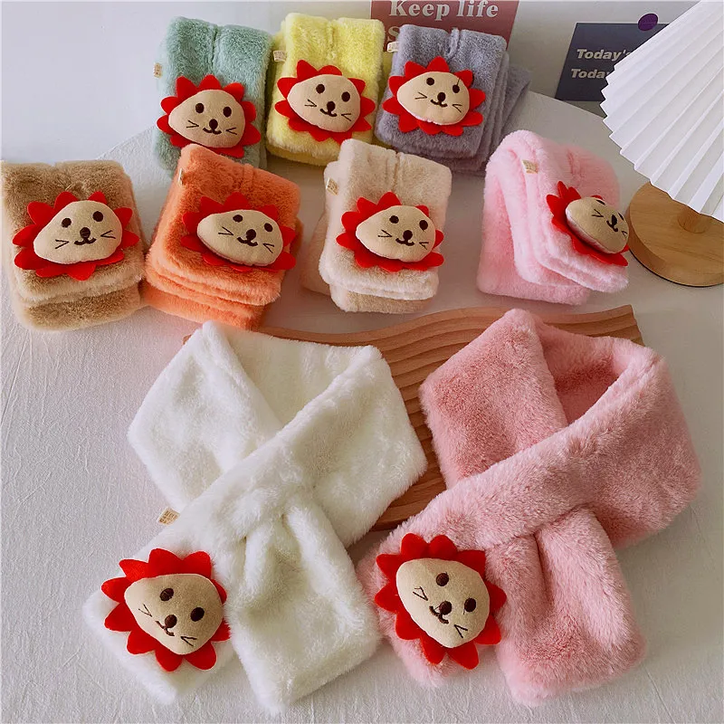 

Cartoon Lion Children Baby Scarf for Boys Girls Winter Warm Soft Plush Cross Collar Neck Ring Scarf 1-10T Kids Bebe Scarves 2022