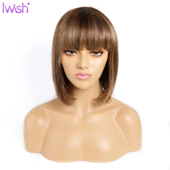 

Highlight Bob Wig With Bangs Human Hair Wig With Bang 4/27 Ombre Honey Blonde Glueless Full Machine Wig 150% Brazilian Remy Hair