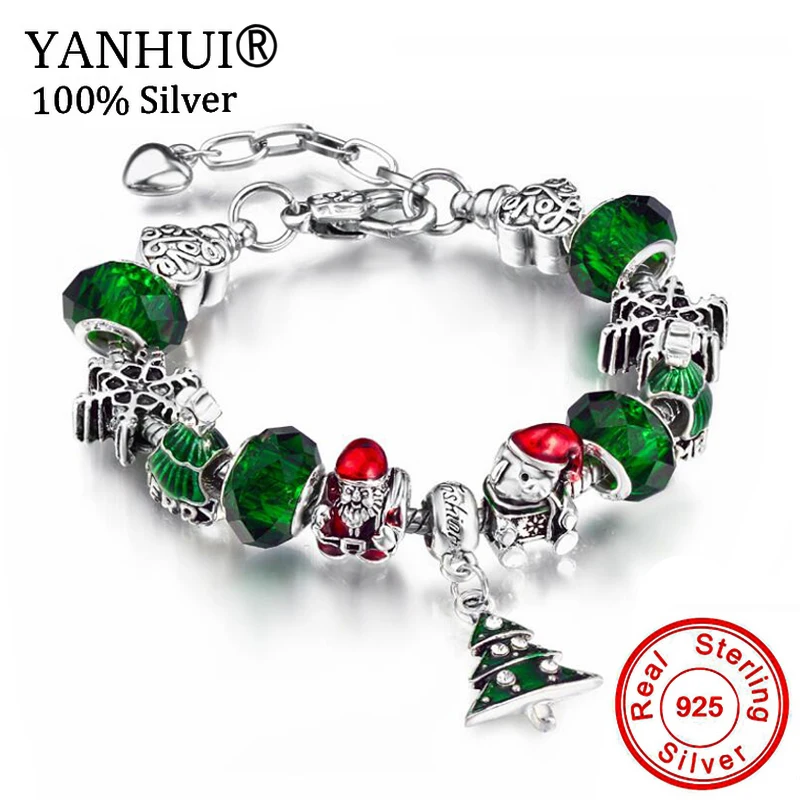 

YANHUI Best Christmas Gift Silver Color Bracelet with Santa Claus/Christmas Tree/Crystal Beads Charms Bracelet for Women SLA775
