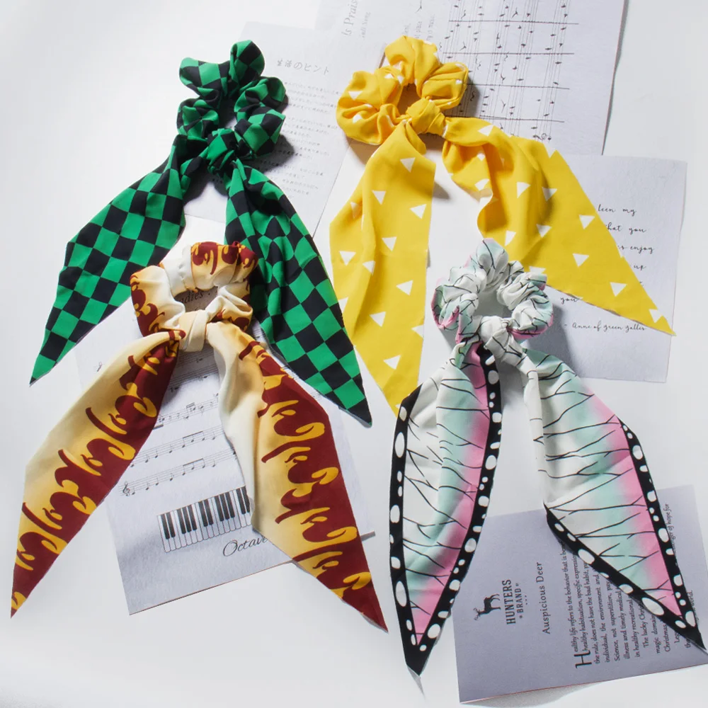 Anime Demon Slayer Cosplay Hair Ring Ribbon Nezuko Zenitsu Tanjirou Fashion Scrunchies Hair Accessories Girl Costume Props