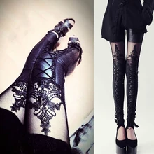 Fashion Sexy Woman Stitching Lace Stretch Skinny Leg Faux Leather Leggings Women Pants Punk  Autumn Skinny Pant