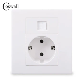 

Coswall PC Panel EU Russia Spain Wall Power Socket + 1 Gang 4 Core CAT3 RJ11 Telephone Outlet White Color Modular 86*86mm