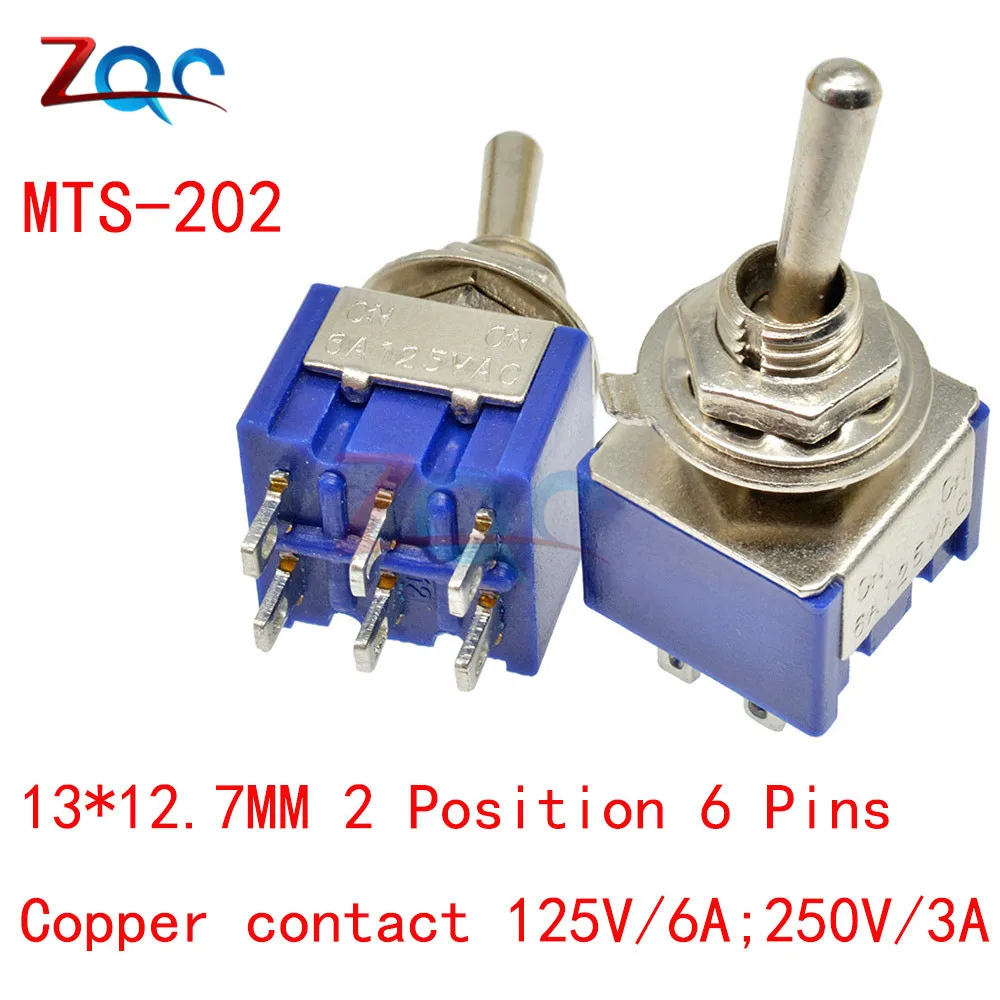 5 шт. Мини авто MTS-202 тумблер 6 контактов 2 положения защелкивая SPDT DPDT MTS202 ON-ON 125VAC 6A/5A 250VAC 3A 1/4 дюймов Монтаж