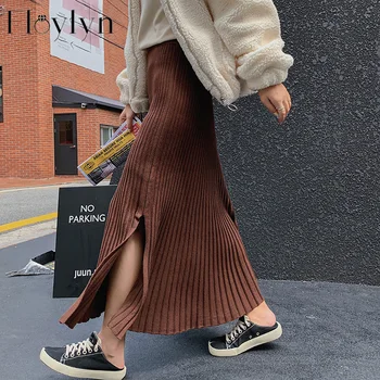 

FLOYLYN Autumn Winter Long Knitted Women Skirts A-line Soft Warm Female Sweater Skirt Thicken Side Split Female Maxi Skirts 2020