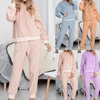 

2020 Newest Women Long Sleeve Hoodie Pants Autumn Winter Plush Warm Outfit Homewear Set Plus Size Warm Clothes For Female