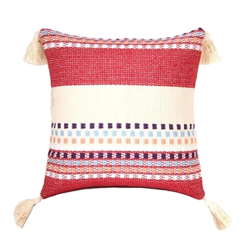 

Promotion! Red Cushion Cover Tassels Moroccan Style Pillow Cover Woven for Home Decoration Sofa Bed 40X40cm