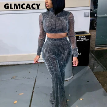 

Women Two Piece Sexy Party Clubwear See Through Glitter Crop Top and Wide Leg Pants Set Chic Streetwear