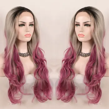 

Bombshell Long Wavy Black Gradient Gray Pink Wig 13 * 3 Synthetic Lace Front Wig Heat-resistant Fiber without glue ladies wig
