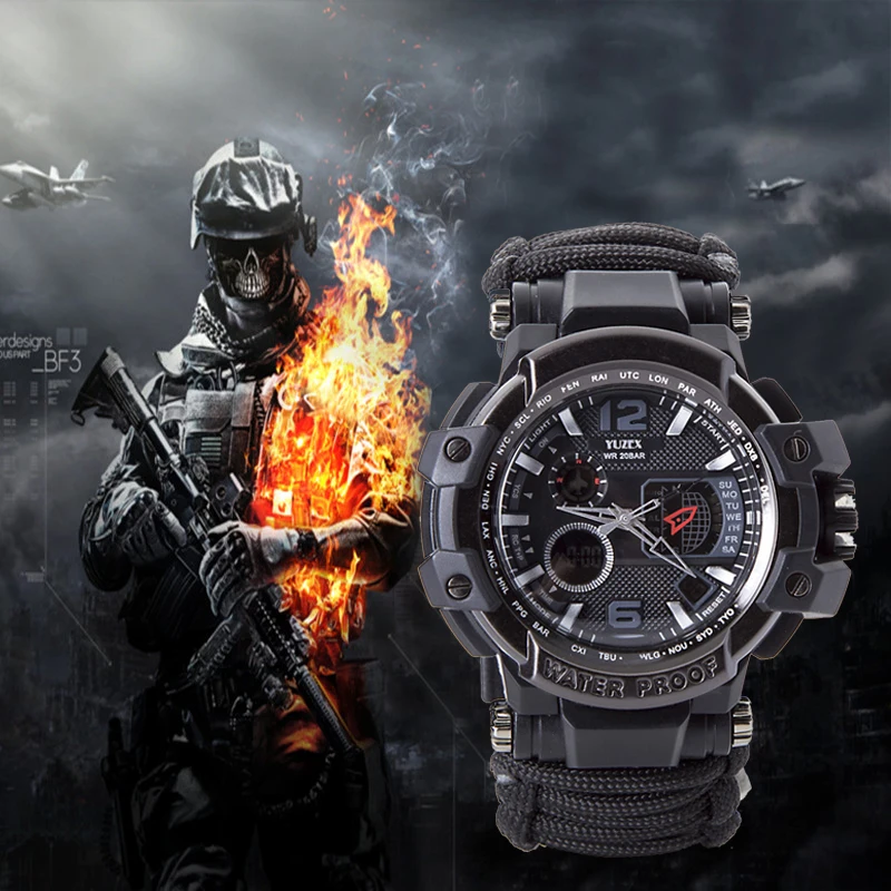 

Men's Multi-function Electronic Watch Survival Quartz Waterproof Watch Large Dial Umbrella Rope Bracelet Braided Digital Sport