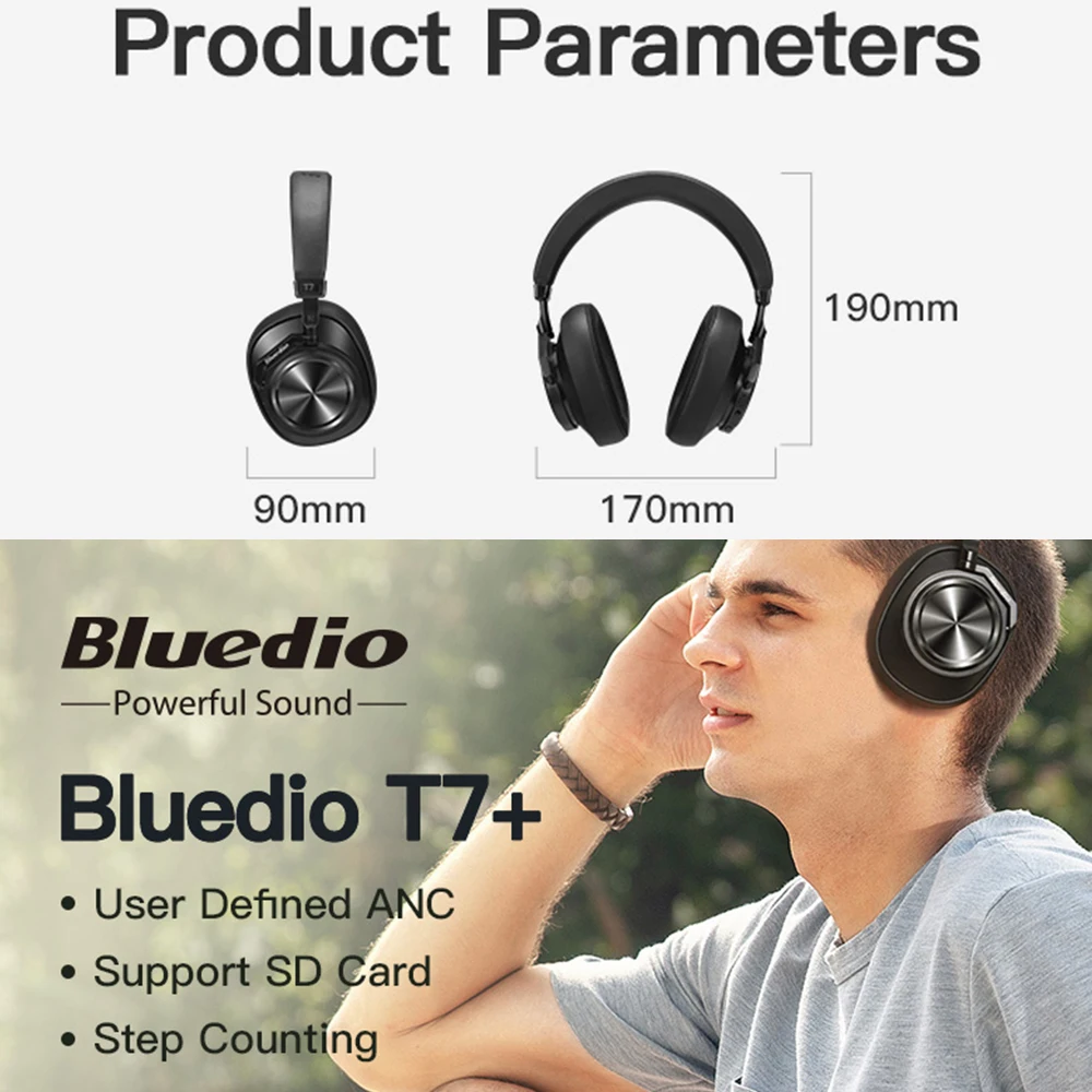 Bluedio T7 Plus bluetooth-наушники с функцией активного шумоподавления и поддержкой слота для sd-карты