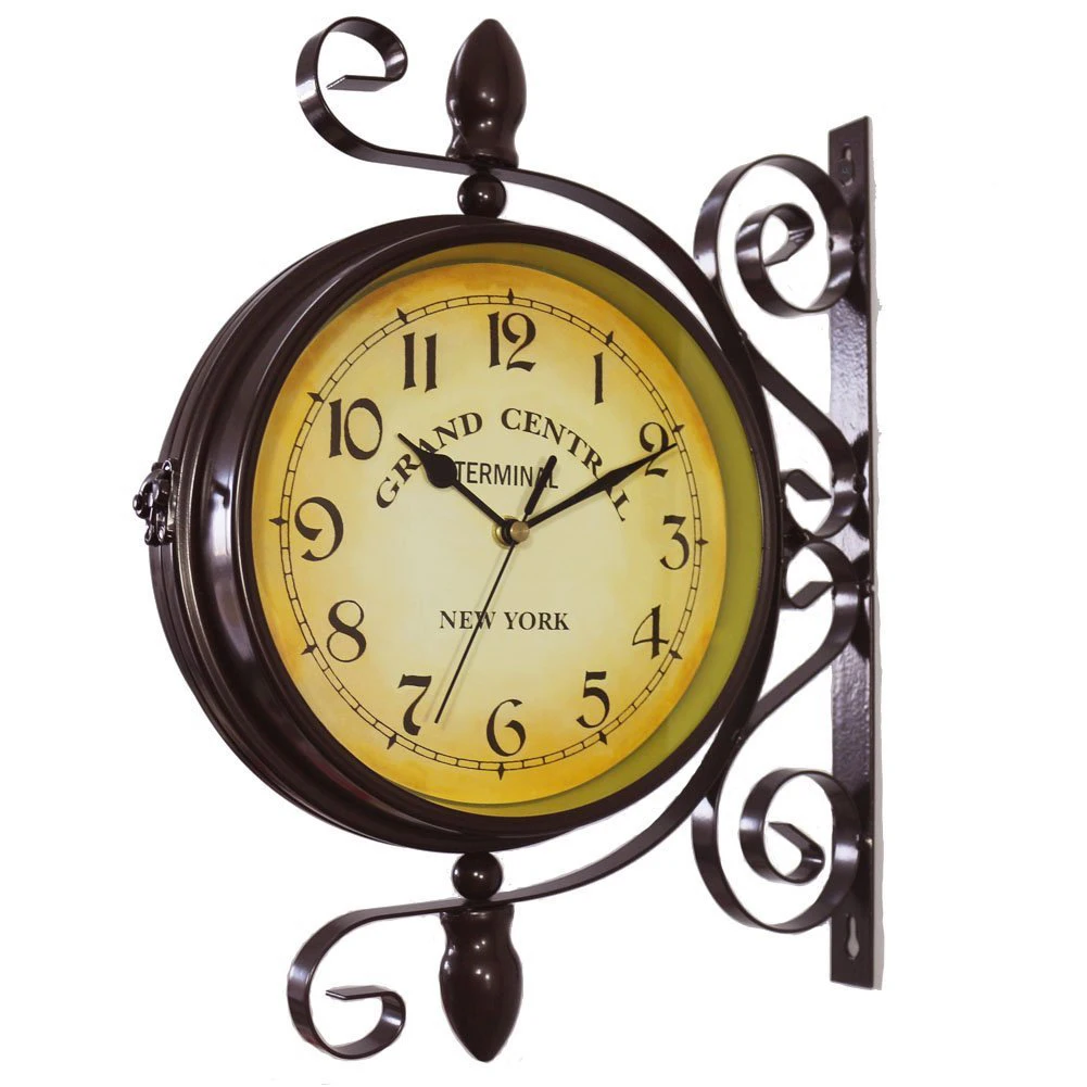 Vintage Inspired Double Sided Wall Clock Wrought Iron Train Grand Station Style Dustproof And Moistureproof Coating |
