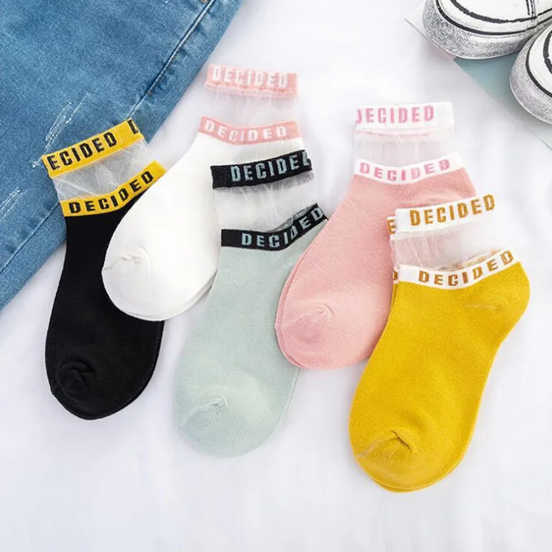 Короткие хлопковые носки с буквенным принтом, черные женские носки, милые Модные Повседневные Дышащие носки в Корейском стиле
