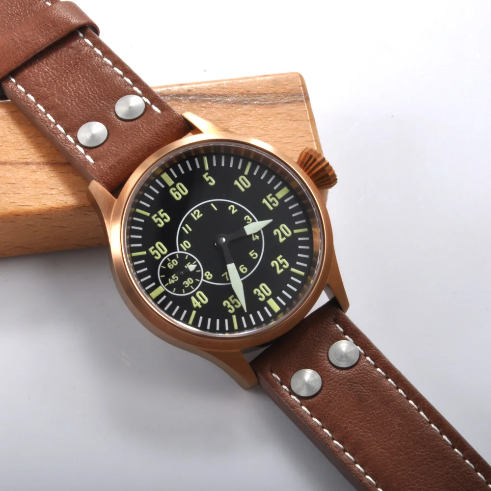 

Debert 43mm Sterile Black Dial Coffee case Luxury 17 Jewels 6497 Hand Winding Mechanical Men's Wristwatches sapphire crystal