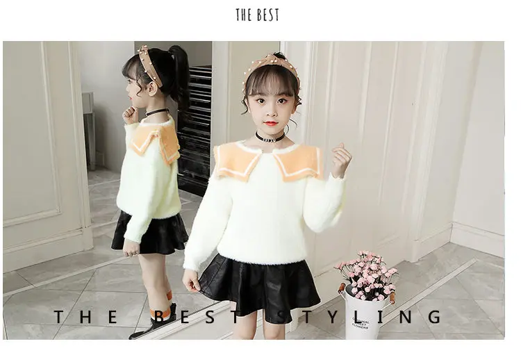 Autumn Winter Girls Cashmere Wool Sweater Female Children's Worsted Wool Sweater Kids Crew Neck Knit Top Orange Green Beige