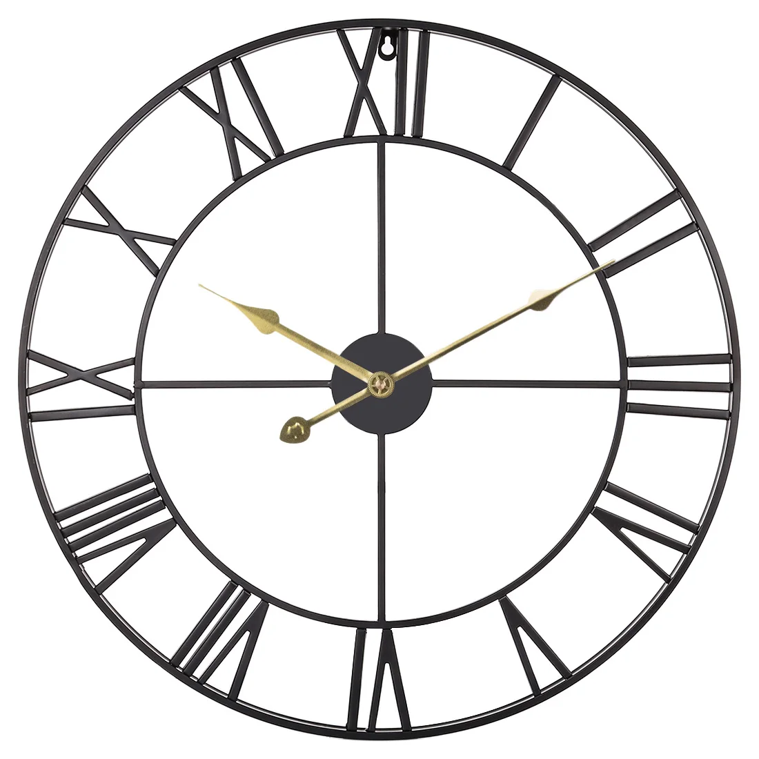 

60cm Retro Iron Roman Numerals Mute Wall Clock Battery Operated Wall Clock Watch For Home Living Room Decoration -Black + Golden