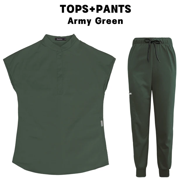 Scrubs Set for Women Pet Hospital Uniform Set Scrub Suits Solid Color Unisex Surgical Gown Pocket V-neck Joggers Wholesale Price ArmyGreen