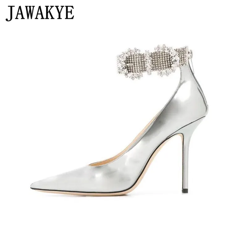 

Blingbling Crystal Buckle Heels Women Pointed Toe Diamond Studded Ankle Strap Stilettos Party Wedding Shoes Back Zip Shoes Woman