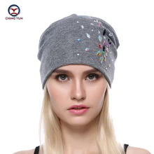 CHING YUN новая зимняя повседневная модная дамская шапка, большие стразы, высокое качество, толстая кашемировая вязаная одноцветная шапка, три цвета
