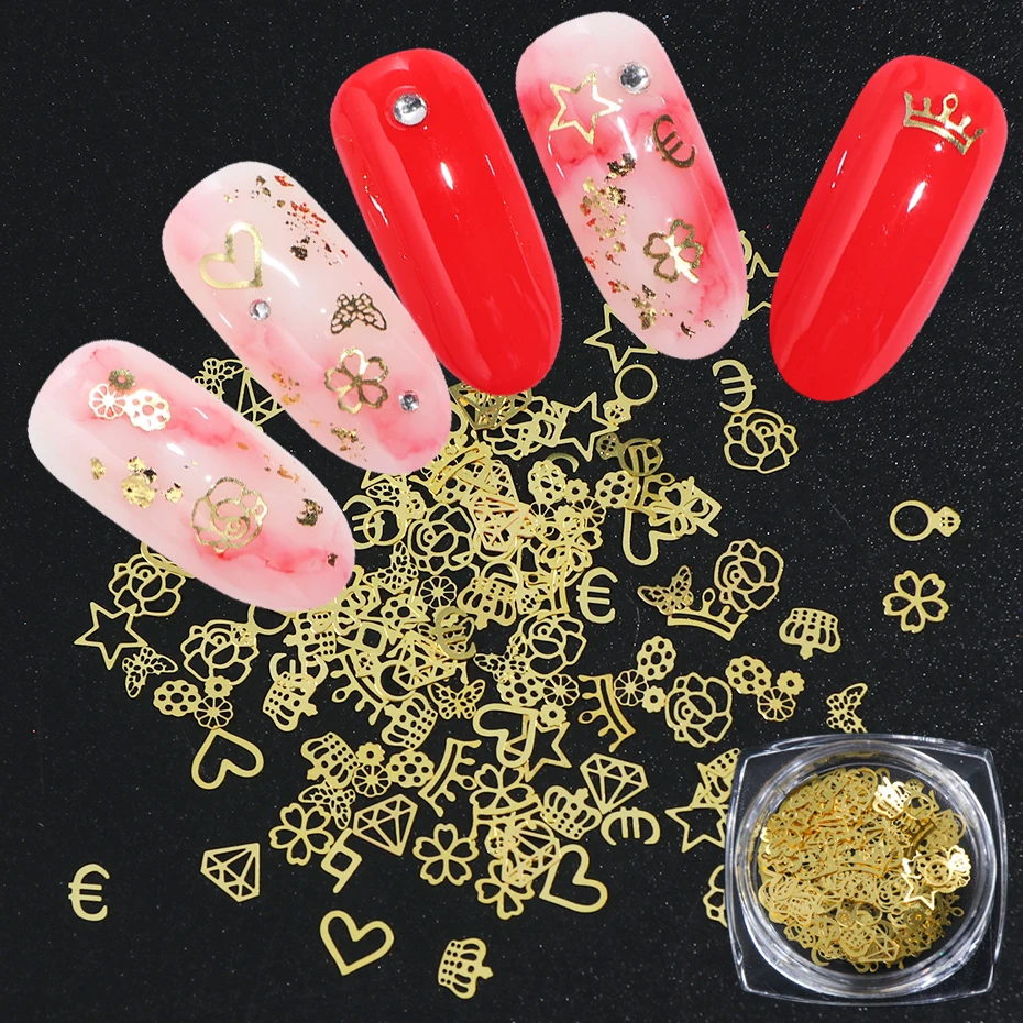 1 box Gold Hollow Out Nail Glitter Sequins Mixed Flowers Star Designs Metal Thin Slice Paillette Polish Nails Decoration LY970-E