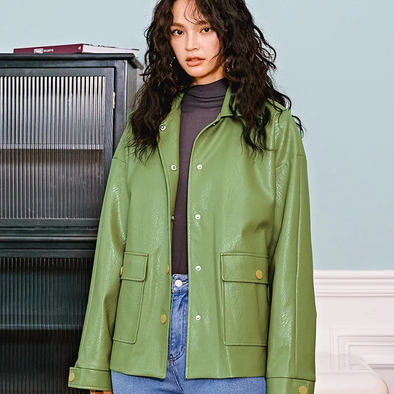 Autumn Winter Original Fashion Gloria&Grace Green Vintage Instagram PU Leather Suede Loose Oversize Coat Jacket Outerwear