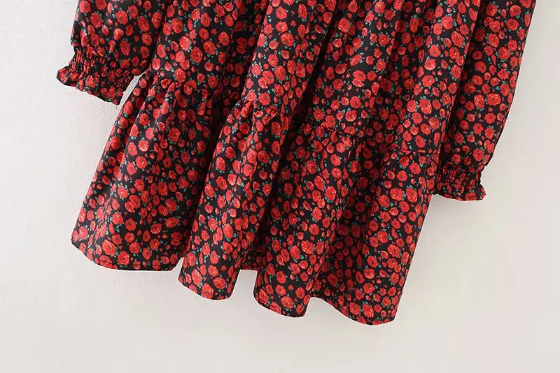 Новинка, женское винтажное мини-платье со складками и красным цветочным принтом, женские повседневные платья с длинным рукавом, шикарные милые платья с оборками DS3045