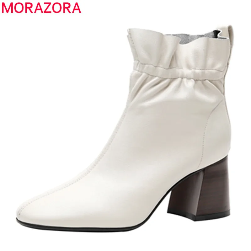 

MORAZORA 2020 new arrive simple genuine leather ankle boots thick high heels square toe solid color women brand boots