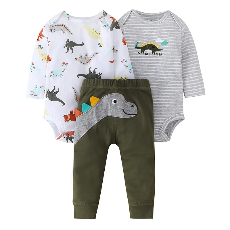 

3PCS Baby Boy Clothes Sets Cotton Cartoon Bodysuits+Pants O-Neck Spring Long Sleeve Boys Baby Clothing Autumn Print Dinosaur