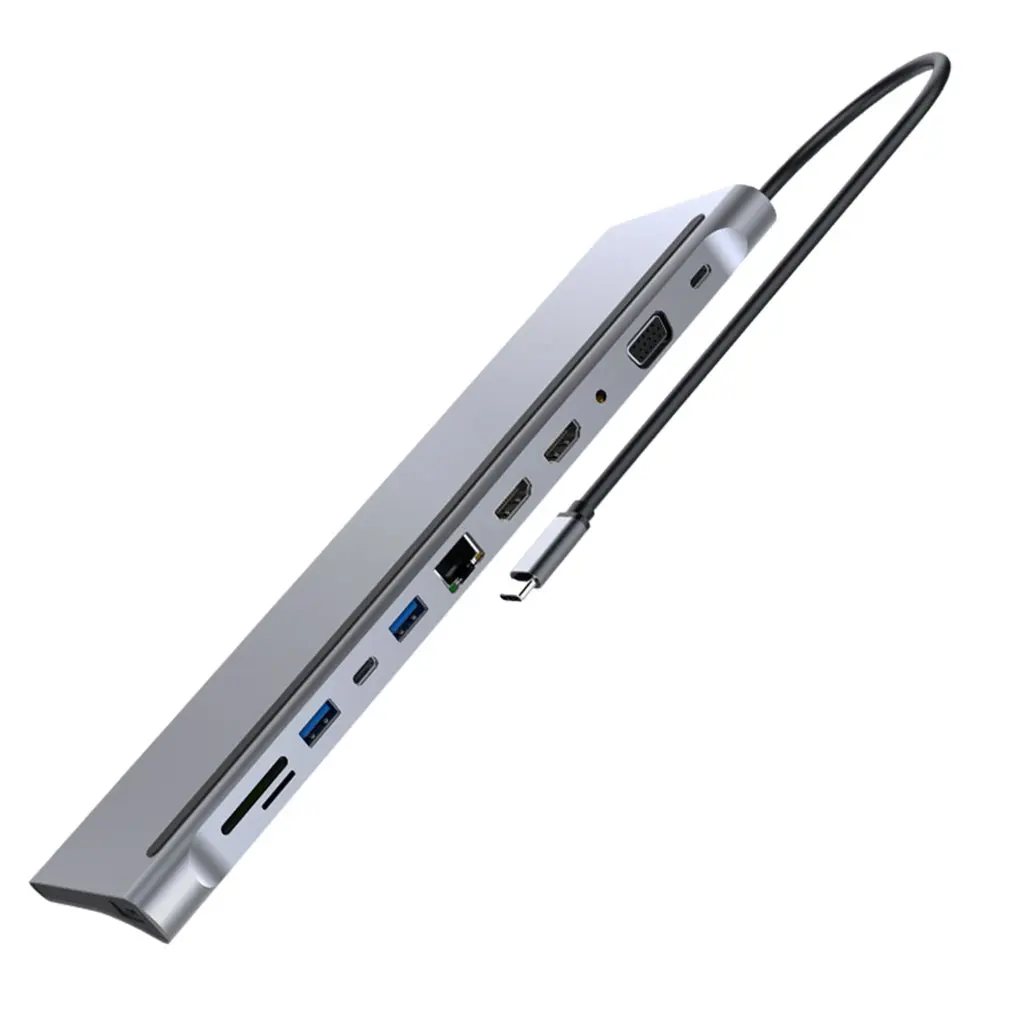 

TH1201 12 in 1 Type-C Gray USB3.0 USB2.0 2 HDMI Cards Reader Charger Hub for Household Computer Accessories
