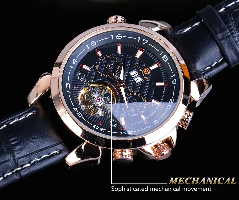 Механические часы Forsining Rose Golden Tourbillon, Классические Автоматические часы со скелетом и датой, мужские часы из натуральной кожи, Reloj Hombre