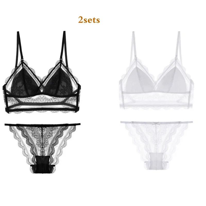 panty sets 2 Sets Sexy Lace Backless Bra Set Thin Cup Cross Straps Halter Triangle Bra Wireless Set Underwear Women Summer Bra and Panties panty sets