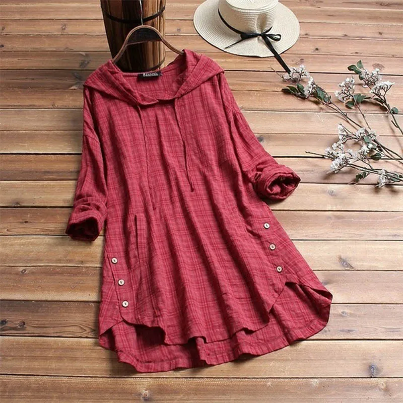  Plus Size Spring Blouse Women Casual Hooded Long Sleeve Check Plaid Loose Party Tunic Tops Chemise 