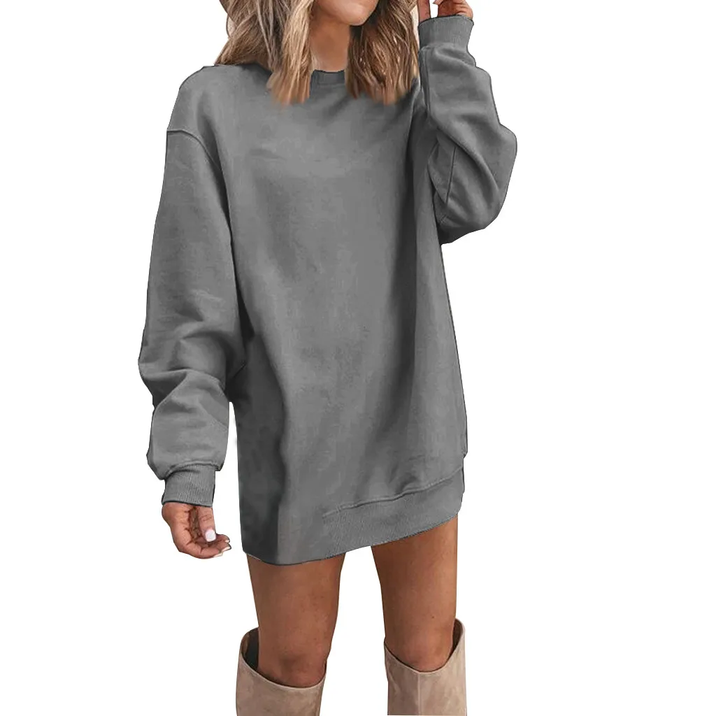 

Women's Dress Fashion Long Sleeve Round Neck Loose Mid-length Sweater Dress Solid Color Long Sleeve Dress   40*