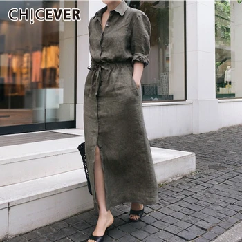

CHICEVER Korean Elegant Dress Female Lapel Collar Long Sleeve High Waist Lace Up Plus Size Loose Maxi Dresses Women 2020 New