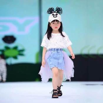 

Summer girls fashion tutu skirt baby denim skirt kids fashion skirt children bottoms streetwear ripped mesh patch 4 to 14 yrs