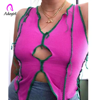 

Harajuku Sexy Women Crop Tops Women Ribbed Knitting Tank Tops Fashion Hollow Out Sleeveless Vest Summer Basic Tees Female Tops