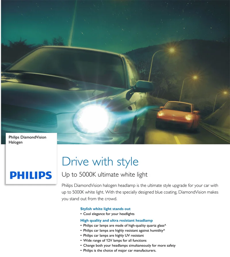 Philips Diamond Vision H1 H4 H7 H8 HB3 HB4 9003 9005 9006 12V 5000K Автомобильная галогенная фара противотуманная фара Супер ксеноновая белая лампа, пара